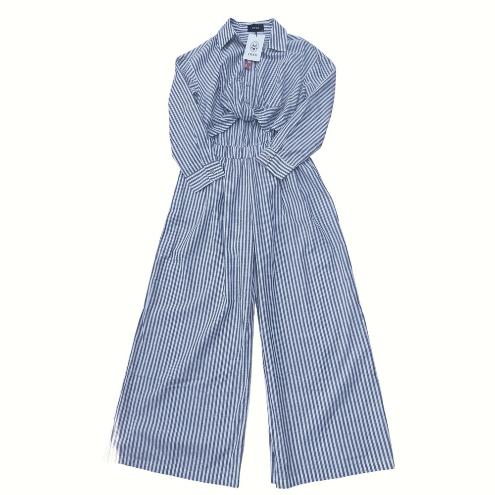 Cider Jumpsuit Women M Grey White Striped Long Sleeve Wide Leg Front Tie New